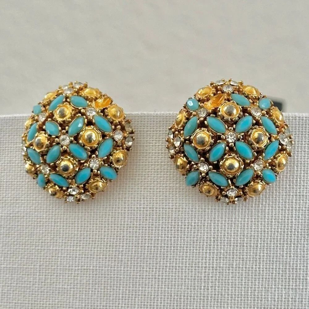 Marvella vintage blue and gold tone clip on circle earrings